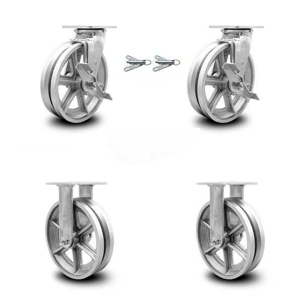 8 Inch V Groove Semi Steel Caster Set with 2 Brakes/Swivel Lock 2 Rigid SCC